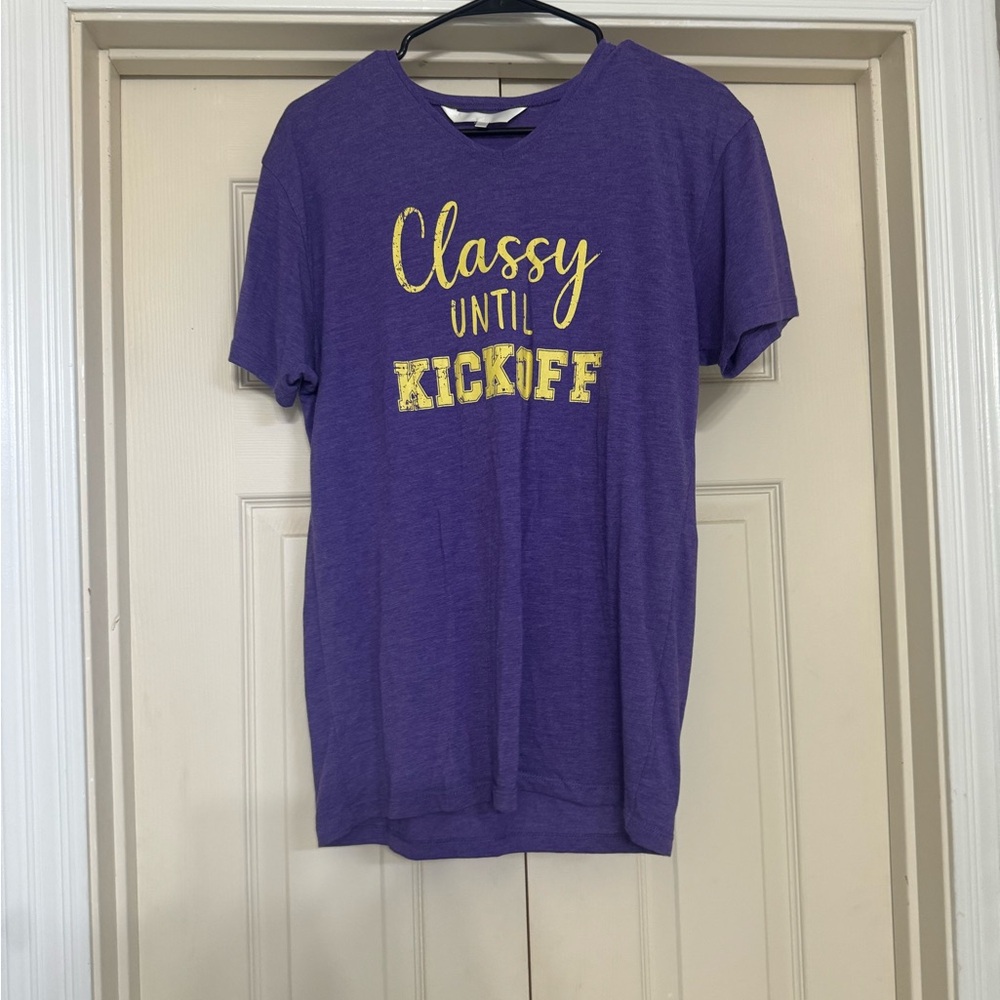 Purple Graphic Tee with Gold Text